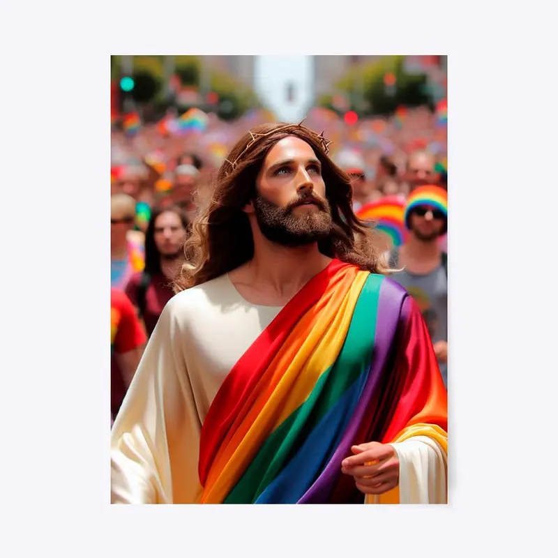 LGBTQ poster Christ in a rainbow cape